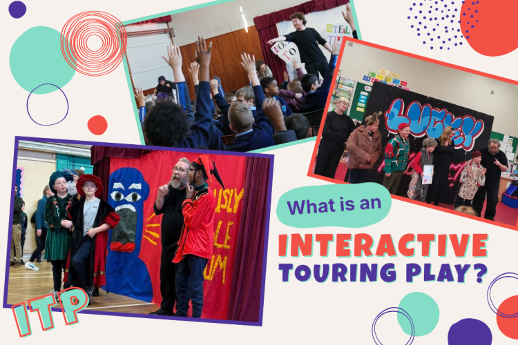 Blog cover graphic for Little Red Kettle’s Interactive Touring Play, featuring photos from school performances and children taking part in live theatre.