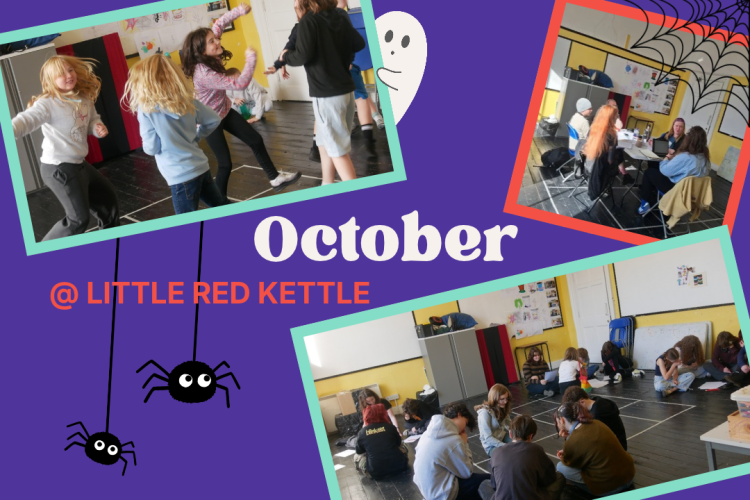 October at Little Red Kettle blog cover featuring photographs of children's drama workshops and Culture Club activities, with playful Halloween illustrations.